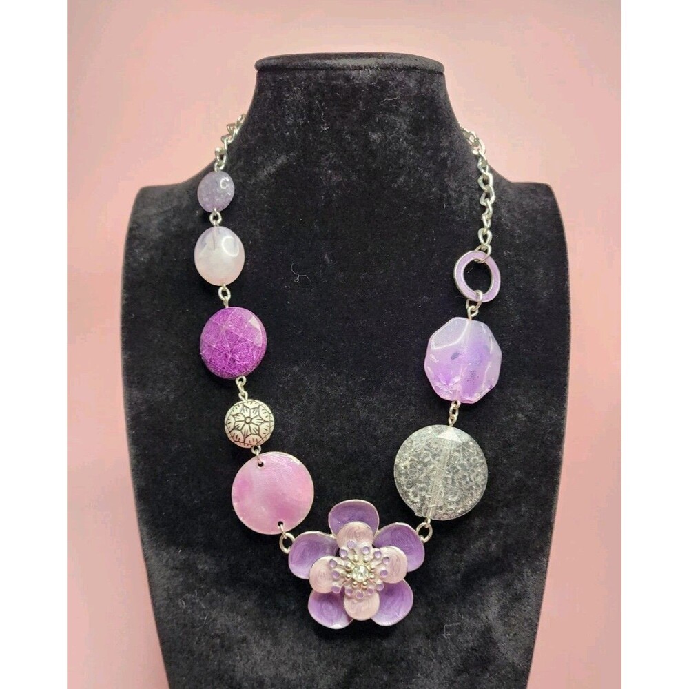 VINTAGE 90'S PURPLE NY ENAMEL FLOWER NECKLACE RHINESTONE SILVER TONE MIXED MEDIA